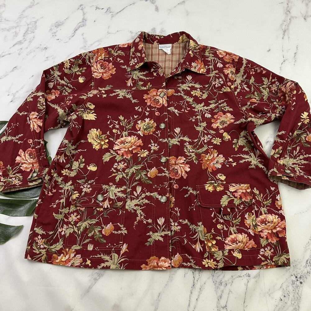 Monterey Bay Womens Vintage Y2k Chore Coat Shacket Plus Size 2x Red Pink Floral